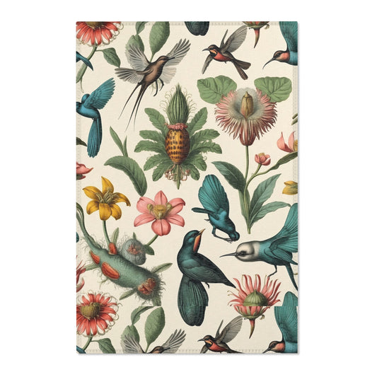 Vintage Botanical Area Rug with Colorful Hummingbirds and Flowers